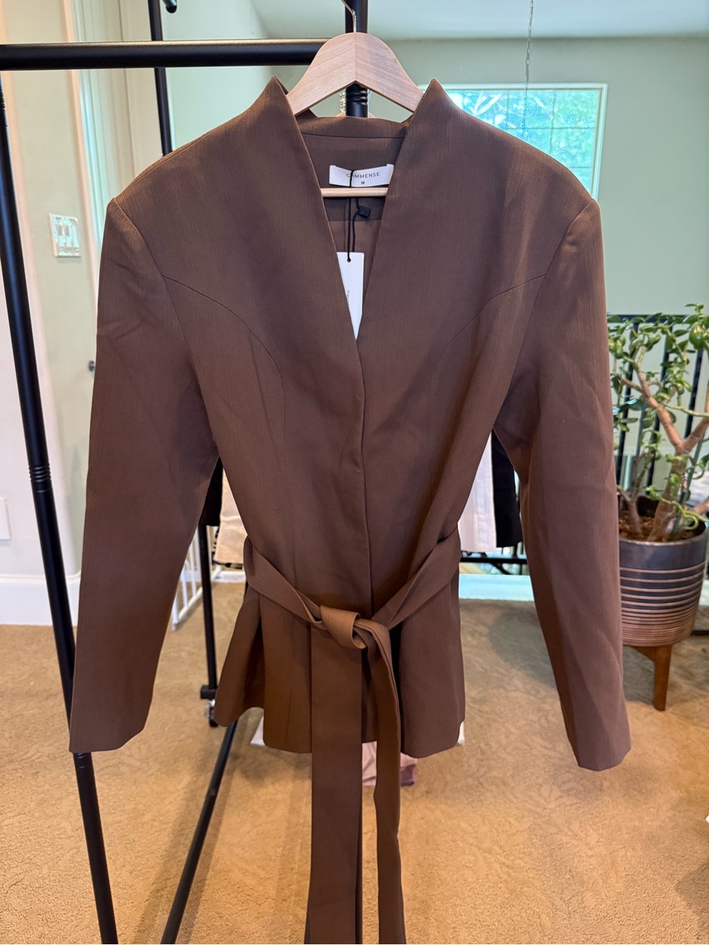 Commense Chocolate Brown Belted Collarless Blazer